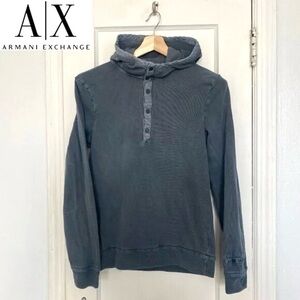 Armani Exchange Men's Gray Half Buttoned Closure Logo Hoodie | Size S